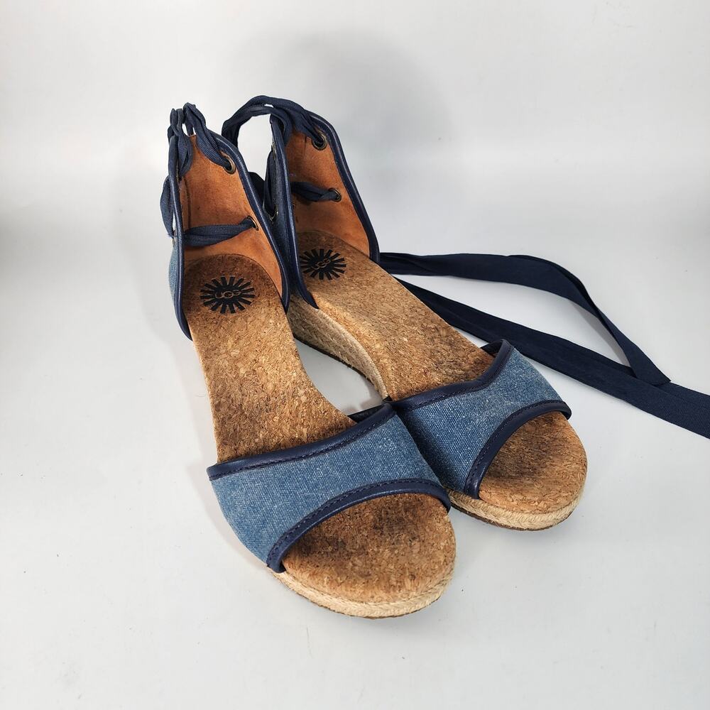 UGG Amell Blue Denim Ankle Wrap Wedge Sandals Women's Size 6